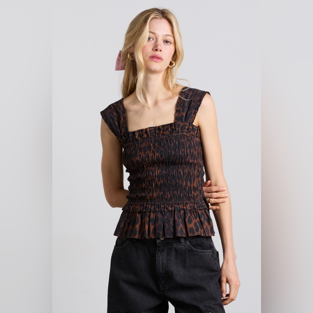 Damson Madder — Tish Shirred Peplum Cami Top — Dark Leopard